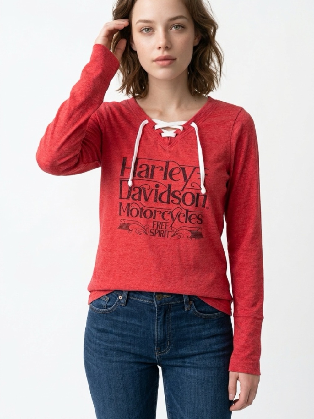HARLEY-DAVIDSON • Red Lace Up Long Sleeve Graphic Shirt Women’s Small